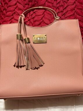 bebe Pink Tassel Structured Tote with Gold Plate